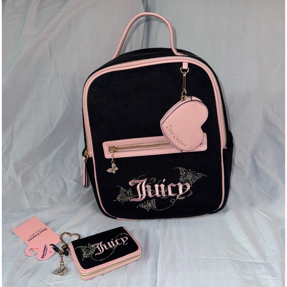NWT Juicy Couture WINGIN' IT LIQUORICE/Pink Dia backpack and wallet set